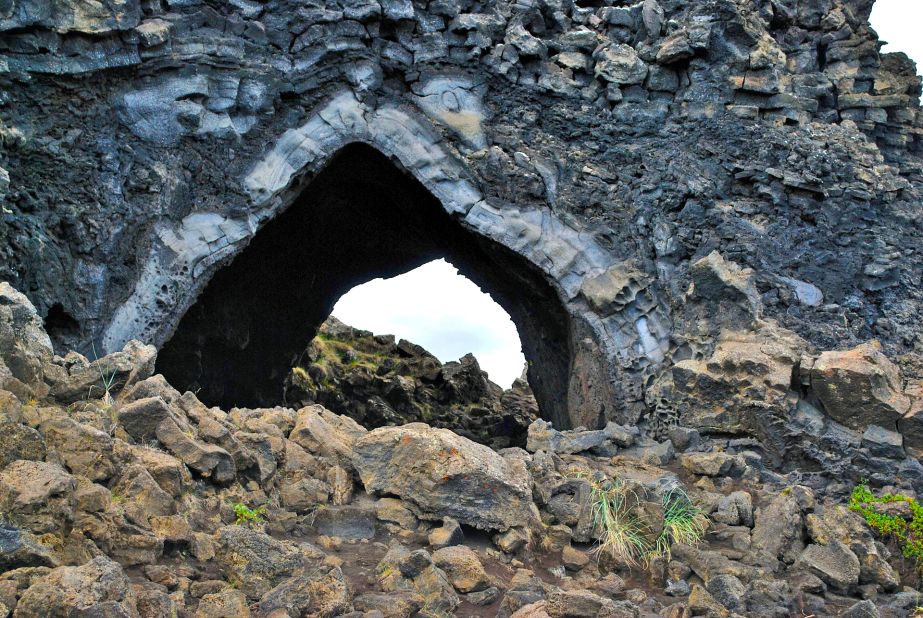 <strong>Dimmuborgir</strong> -- The aptly named "dark castles" are a region of weird and wonderful lava caves and rock formations, arguably resembling an ancient citadel, east of Lake Mývatn.  