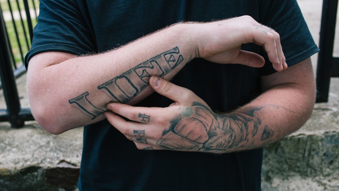 A heroin user shows off his tattoos in McPherson Square Park. "A lot of these people are good people," he said of fellow users. "They're just stuck making bad choices. If they could, if they were offered any help, they'd take it. We are literally stuck."