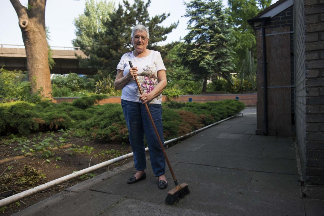 Haley spent the morning sweeping debris away from the communal gardens.