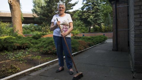 Haley spent the morning sweeping debris away from the communal gardens.