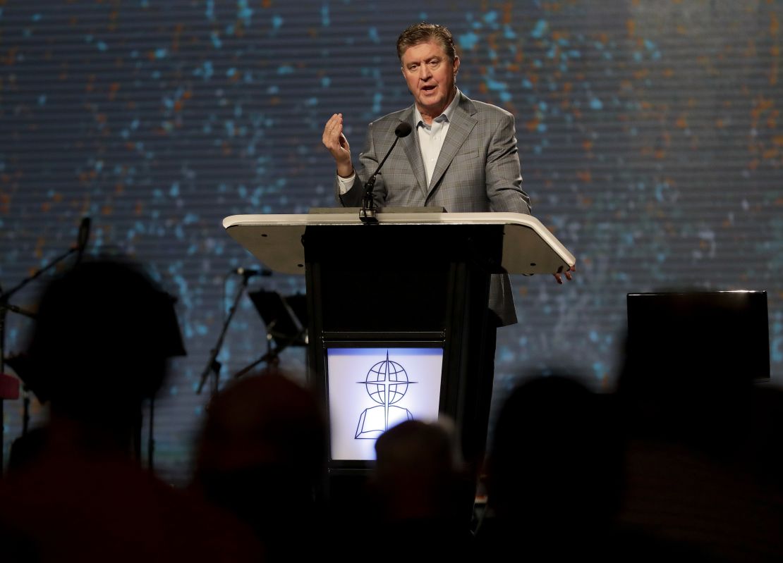 Dr. Steve Gaines gives the president's address during the Southern Baptist Convention annual meeting, Tuesday, June 13, 2017, in Phoenix. 