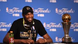 OAKLAND, CA - JUNE 12:  Kevin Durant #35 of the Golden State Warriors speaks at the press conference after his teams 129-120 victory over the Cleveland Cavaliers in Game 5 to win the 2017 NBA Finals at ORACLE Arena on June 12, 2017 in Oakland, California. NOTE TO USER: User expressly acknowledges and agrees that, by downloading and or using this photograph, User is consenting to the terms and conditions of the Getty Images License Agreement.  (Photo by Thearon W. Henderson/Getty Images)