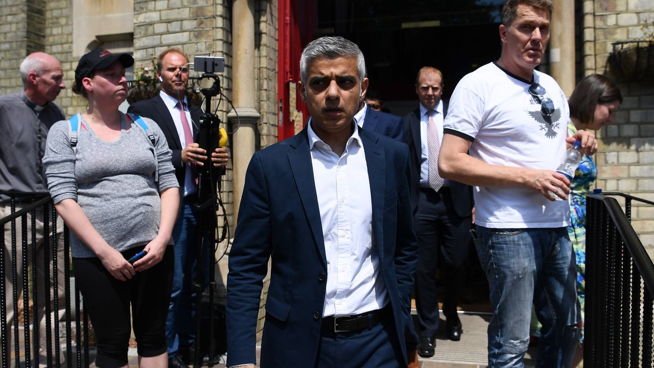 Sadiq Khan leaves the Notting Hill Methodist Church after visiting victims of the tower block blaze and those trying to help them.