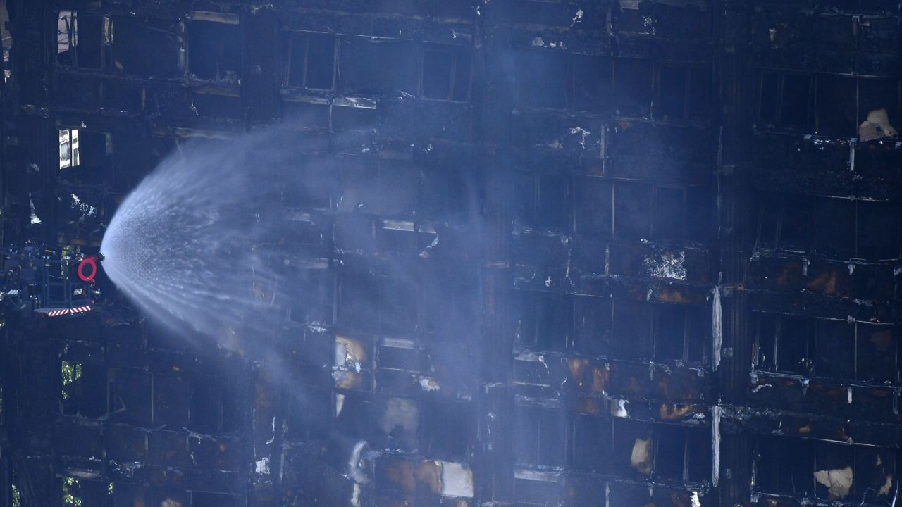TOPSHOT - Firemen spray water onto the facade of the Grenfell Tower after a fire ripped through the building in west London on June 14, 2017.
At least six people were killed Wednesday when a massive fire tore through a London apartment block overnight, with survivors voicing anger over longstanding safety fears at the 24-storey Grenfell Tower. / AFP PHOTO / Ben STANSALL        (Photo credit should read BEN STANSALL/AFP/Getty Images)