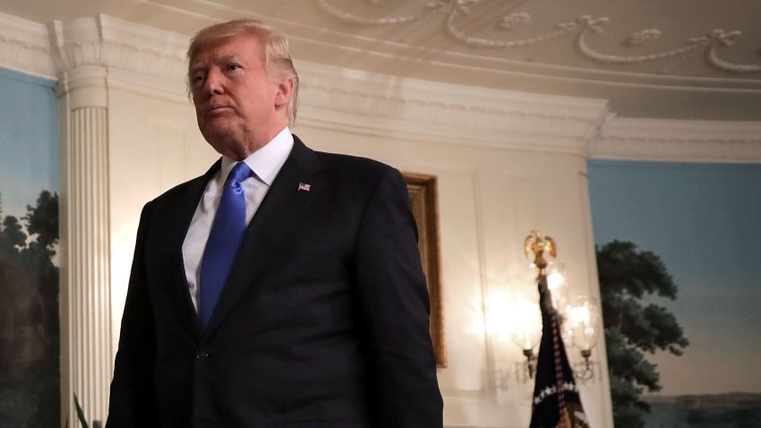 WASHINGTON, DC - JUNE 14: U.S. President Donald Trump leaves after delivering brief remarks in the Diplomatic Room following a shooting that injured a member of Congress and law enforcement officers at the White House June 14, 2017 in Washington, DC. Trump announced that the suspected gunman, 66-year-old James T. Hodgkinson of Belleville, Illinois, was killed in the attack. (Photo by Chip Somodevilla/Getty Images)