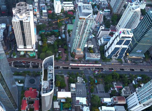 Looking down from the top of MahaNakhon, Bangkok's Skytrain looks like a miniature toy train.