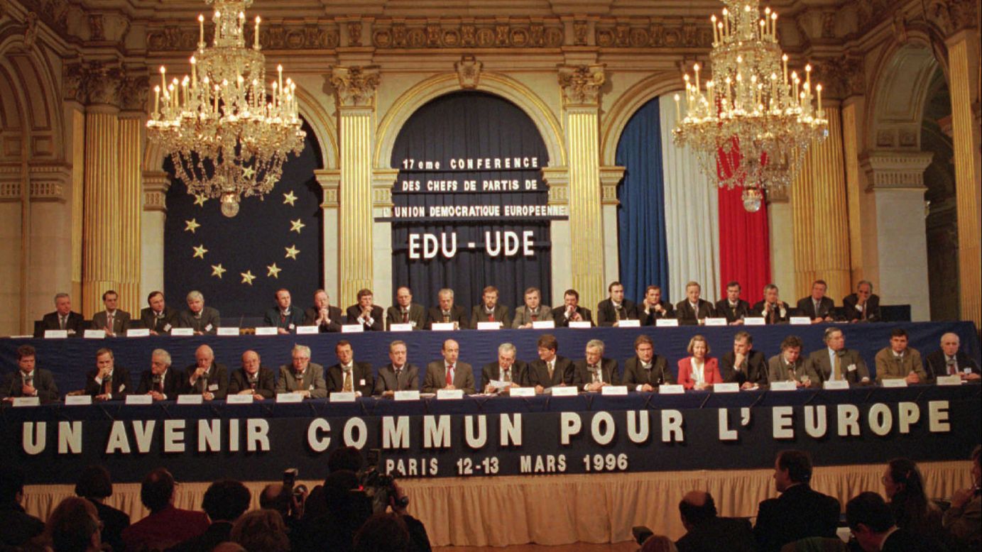 In the '90s, there was little talk of Brexit or the rise of nationalism, only unity in Europe. In 1993, the Maastricht Treaty went into effect, creating the European Union and granting all citizens of the union's member states EU citizenship. Here, in 1996, a group of European conservatives meet to discuss the Maastricht Treaty and creation of a unified army. 