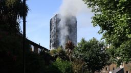LONDON, ENGLAND - JUNE 14:  Smoke rises from the building after a huge fire engulfed the 24 storey residential Grenfell Tower block in Latimer Road, West London in the early hours of this morning on June 14, 2017 in London, England.  The Mayor of London, Sadiq Khan, has declared the fire a major incident as more than 200 firefighters are still tackling the blaze while at least 50 people are receiving hospital treatment.  (Photo by Carl Court/Getty Images)