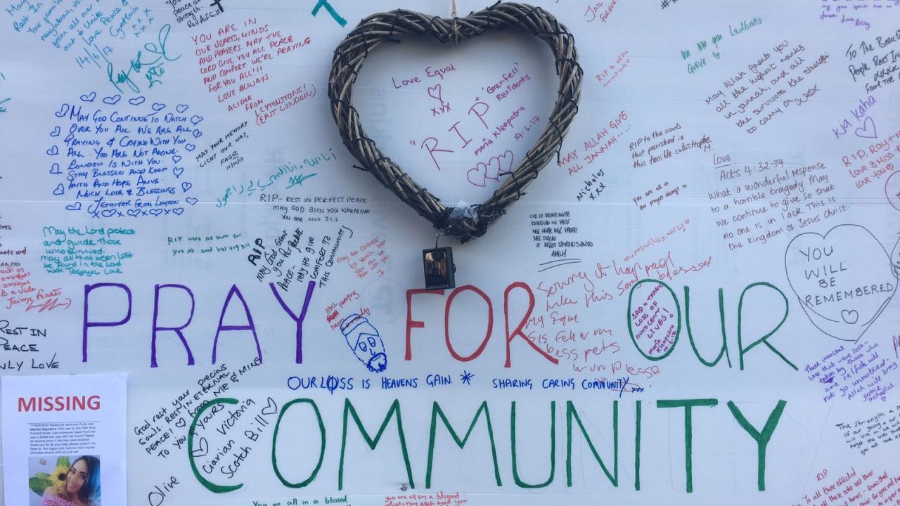 Messages of hope written on a poster near Grenfell Tower.
