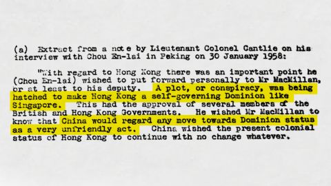 This composite image of a memo sent to British Prime Minister Harold MacMillan in 1958 recounts how Chinese Premier Zhou Enlai warned against any attempts to democratize Hong Kong. Original image altered for clarity. 