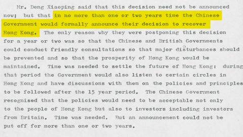 Chinese paramount leader Deng Xiaoping warned British Prime Minister Margaret Thatcher in September 1982 Beijing was becoming impatient over the unresolved issue of Hong Kong's future. Original image altered for clarity. 