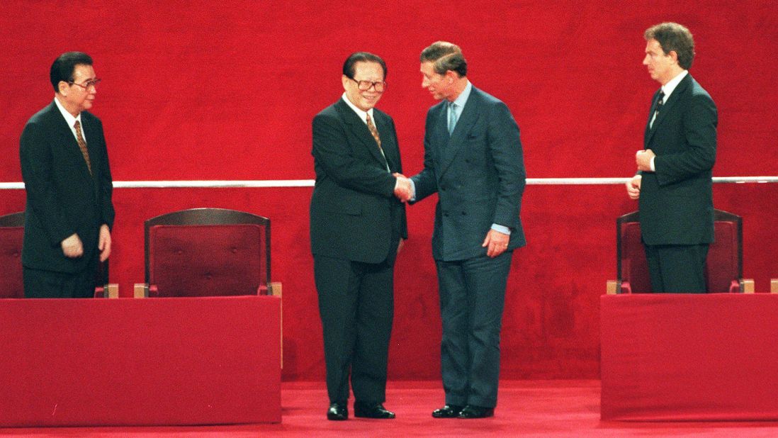 Chinese President Jiang Zemin shakes hands with Britain's Prince Charles following Hong Kong's transfer of sovereignty from British to Chinese rule on July 1, 1997.