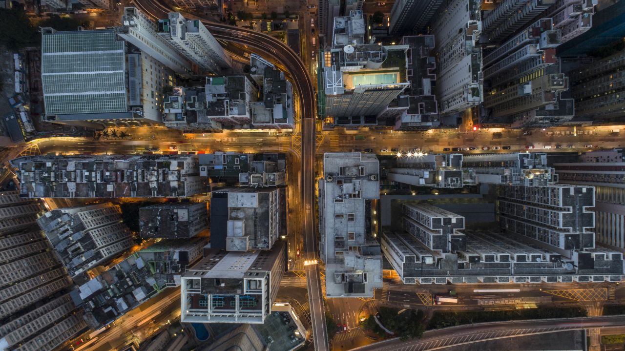 An aerial image shows Hong Kong streets on Saturday, June 10.