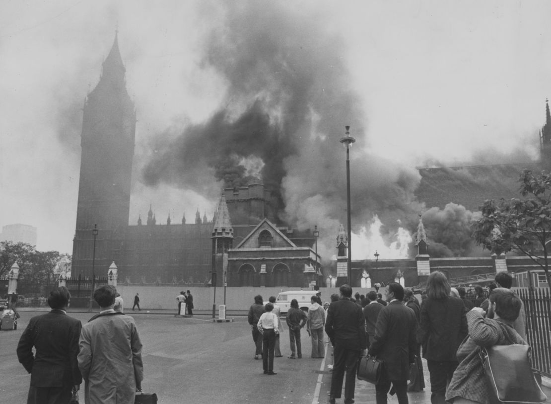 Flames leap from Westminster Hall at the House of Commons in London after an IRA bombing in 1974.