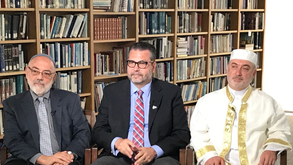 The three clergymen leading congregations participating in the Tri-Faith Initiative are (L-R) Temple Israel Rabbi Emeritus Aryeh Azriel, Countryside Community Church Senior Minister Eric Elnes, and American Muslim Institute Imam Mohamad Jamal Daoudi.