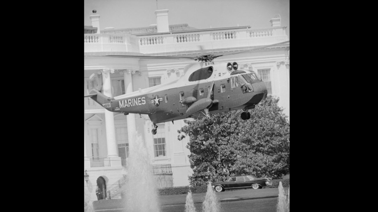 Marine One takes off from the South Lawn of the White House en route to Camp David with JFK on board, April 1963, just seven months before his assassination.