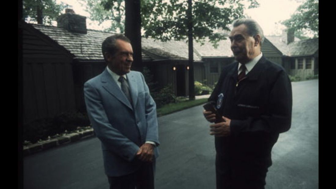 President Richard Nixon hosts Soviet leader Leonid Brezhnev in June 1973, ahead of the Nuclear War Prevention Agreement. 