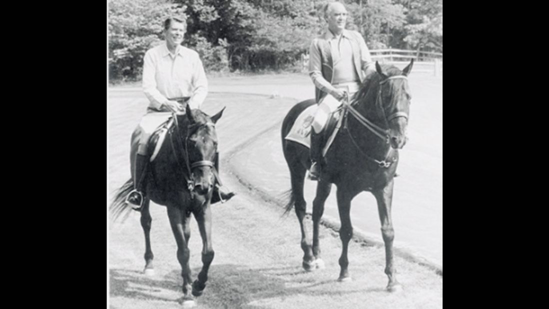 President Ronald Reagan and Mexican President Jose Lopez Portillo ride horses at Camp David in June 1981. 