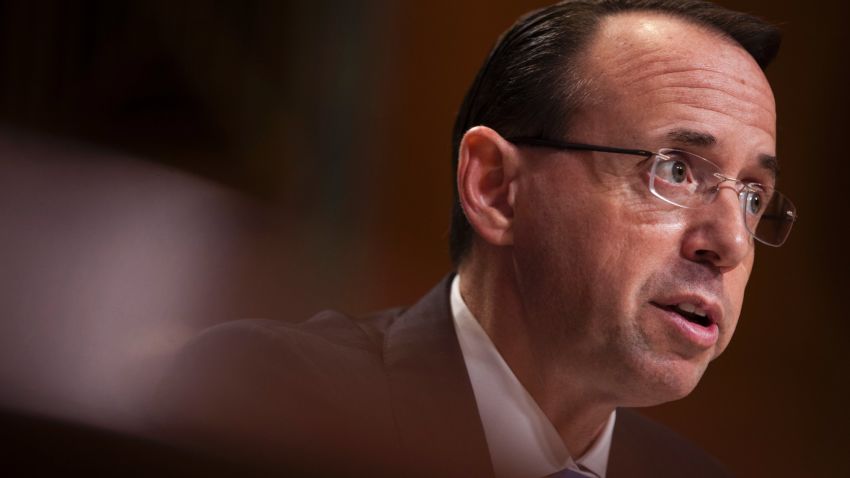 Deputy Attorney General Rod Rosenstein testifies during a Senate subcommittee hearing on the Justice Department's proposed FY18 budget on June 13, 2017, in Washington.