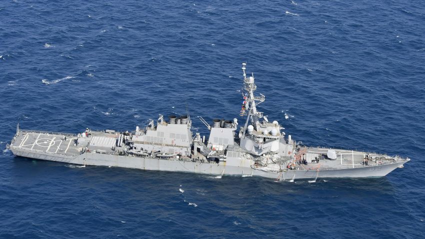 CORRECTS DATE  - The USS Fitzgerald is seen off Shimoda, Shizuoka prefecture, Japan, after the Navy destroyer collided with a merchant ship, Saturday,  June 17, 2017.  The U.S. Navy says the USS Fitzgerald suffered damage below the water line on its starboard side after it collided with a Philippine-flagged merchant ship.  (Iori Sagisawa/Kyodo News via AP)