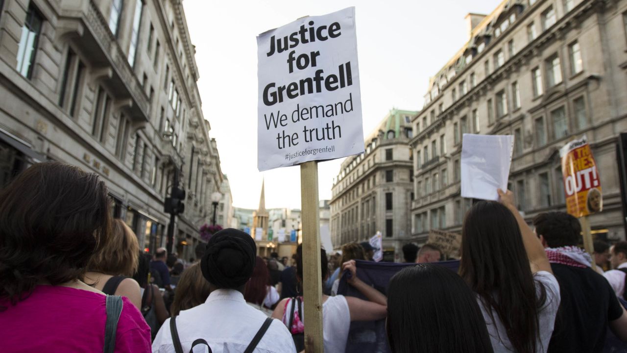 Protesters march up Regent Street in London chanting "Justice for Grenfell" on June 16, 2017, two days after the fire. 