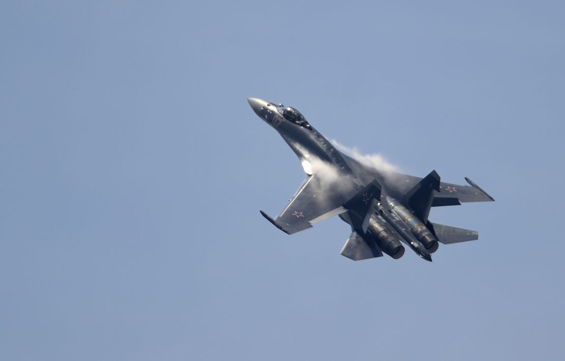 A Russian Sukhoi Su-35 flies over Le Bourget airport on June 17, 2013 at the International Paris Air show.