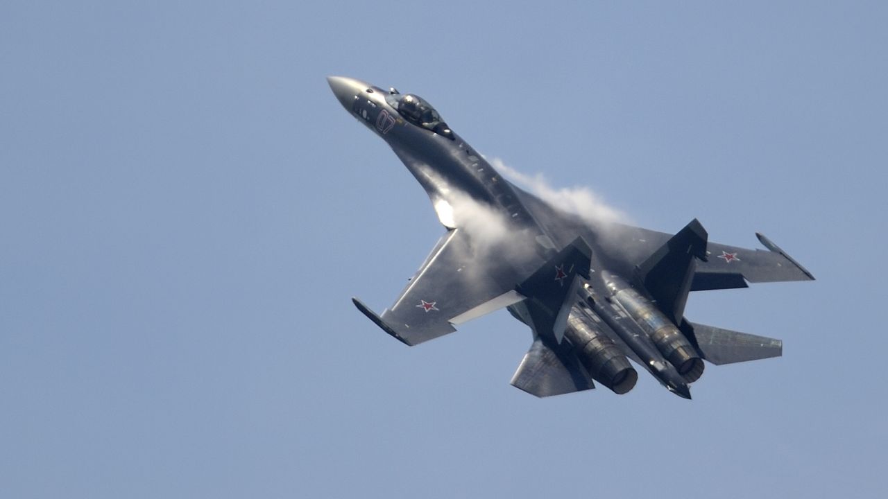 A Russian Sukhoi Su-35 flies over Le Bourget airport on June 17, 2013 at the International Paris Air show.