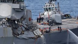 This picture shows damages on the guided missile destroyer USS Fitzgerald off the Shimoda coast after it collided with a Philippine-flagged container ship on June 17, 2017.
The US Navy destroyer collided with ACX Crystal cargo ship off the coast of Japan, leaving seven crew members from the American vessel unaccounted for, the Japanese Coast Guard said. / AFP PHOTO / JIJI PRESS / STR / Japan OUT        (Photo credit should read STR/AFP/Getty Images)