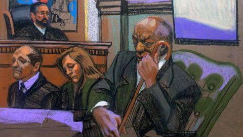 In this sketch , Cosby sits in court in his aggravated indecent assault trial. 