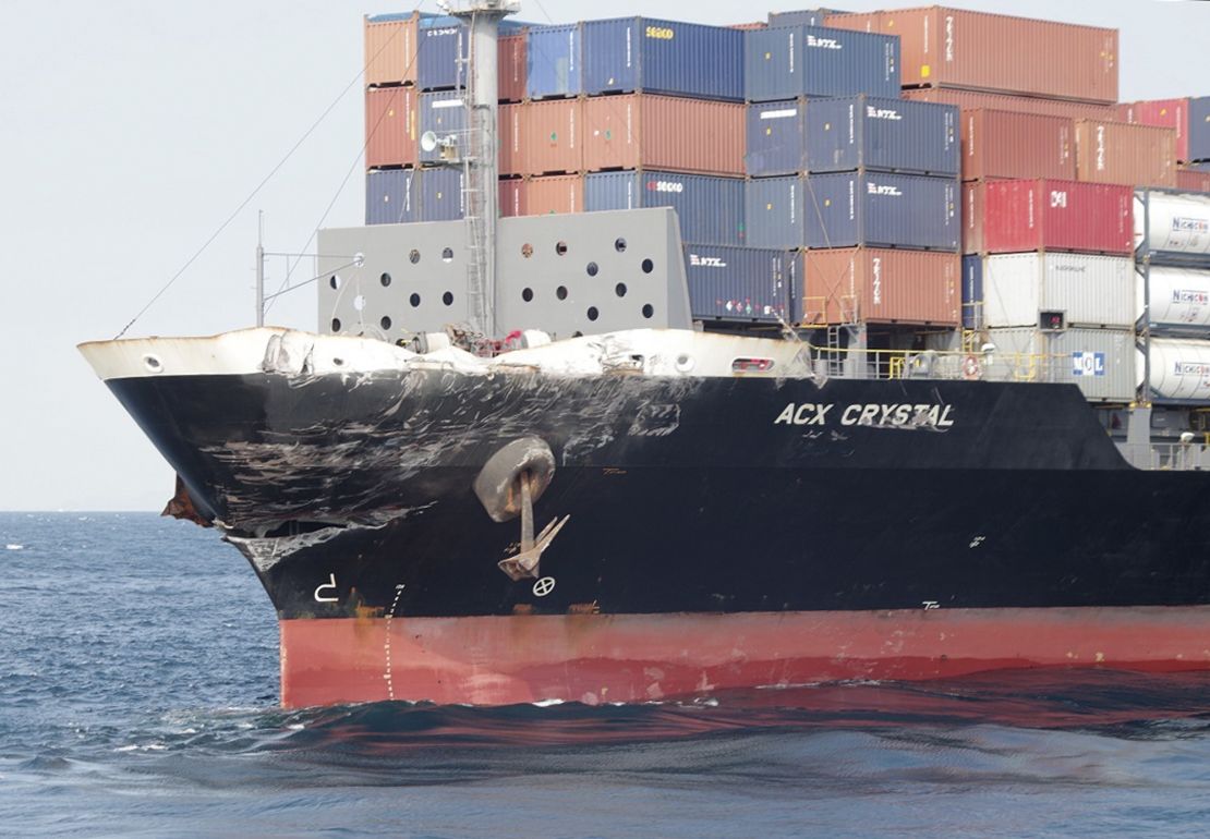 The damage to Philippine-registered container ship ACX Crystal is seen in the waters off Izu Peninsula, southwest of Tokyo on June 17.
