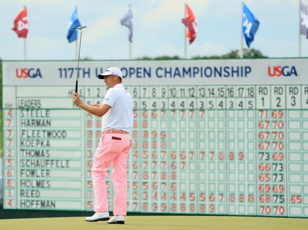 Record breaker! Justin Thomas shoots the lowest round in relation to par in US Open history with a nine-under 63 to set the pace on day three at Erin Hills.