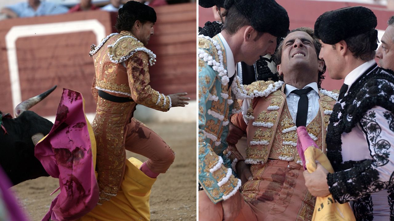 Spanish matador Iván Fandiño gets tripped up in his cape and falls during a bullfight in France. The bull gored Fandiño, who later died of his wounds. 