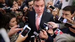 Reporters surround Senate Intelligence Committee ranking member Sen. Mark Warner (D-VA) as he heads for his party's weekly policy luncheon at the U.S. Capitol May 16, 2017 in Washington, DC. Many Republican and Democratic senators expressed frustration and concern about how President Donald Trump may have shared classified intelligence with the Russian foreign minister last week at the White House.