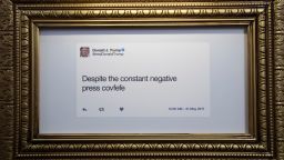 NEW YORK, NY - JUNE 16: A tweet is displayed at The Daily Show-produced 'Donald J. Trump Presidential Twitter Library,' June 16, 2017 in New York City. The parody library showcases President Trump's tweets through the years. (Photo by Drew Angerer/Getty Images)