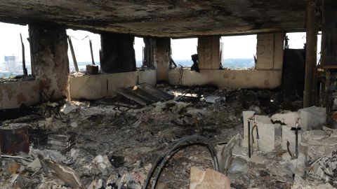 This image, supplied by the London Metropolitan Police Service on June 18, 2017, shows an interior view of a fire-damaged flat in Grenfell Tower.