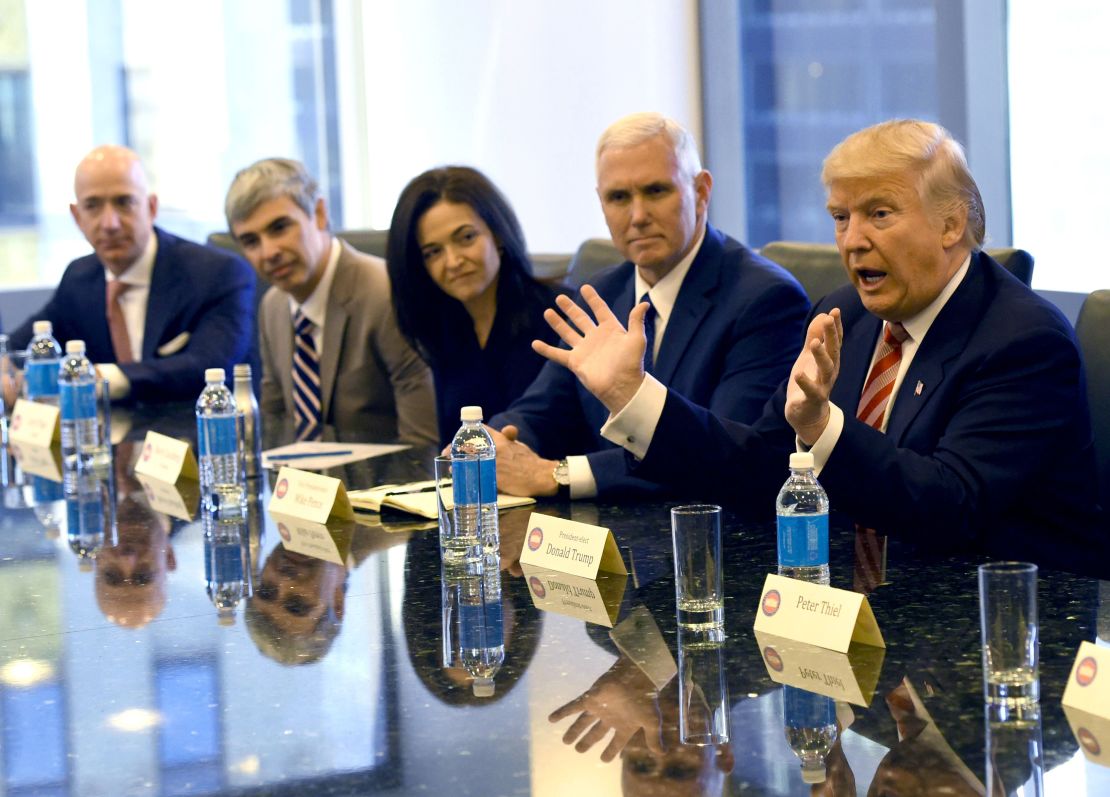 Trump met with tech leaders like Amazon's chief Jeff Bezos, Larry Page of Alphabet, Facebook COO Sheryl Sandberg, as President-elect at Trump Tower on December 14, 2016.
