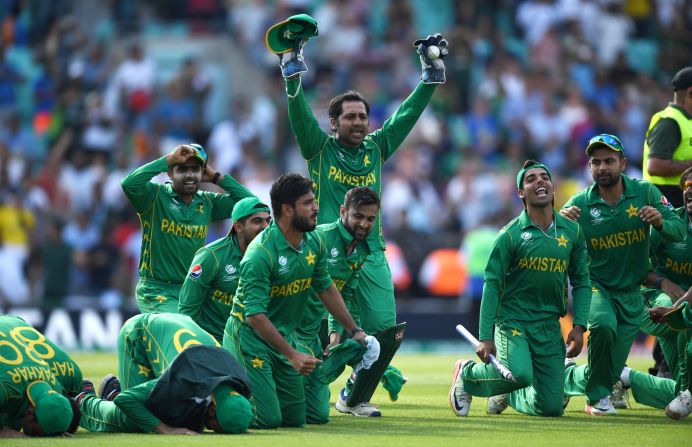 Pakistan's team prayed after their convincing victory. "I feel really special," all-rounder Imad Wasim told CNN Sport. "Winning in England is something special."