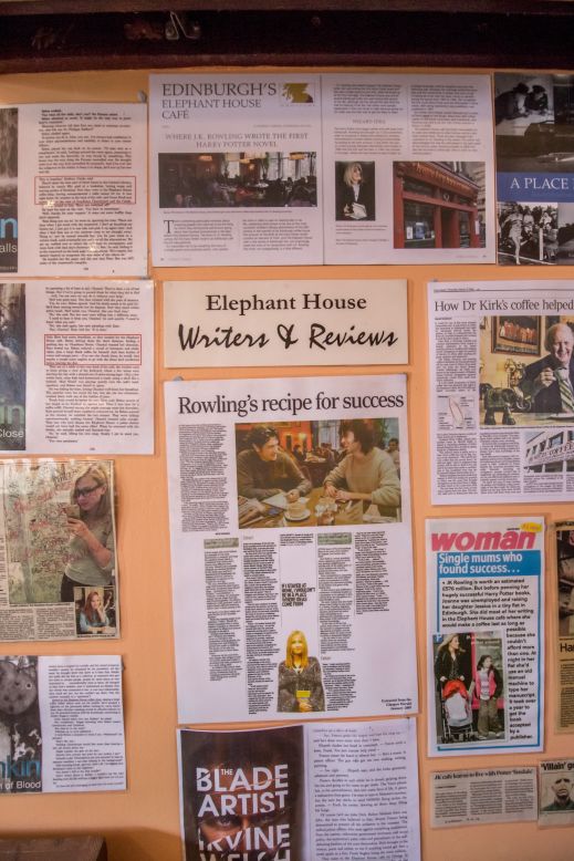 <strong>Local pride:</strong> The cafe celebrates its J.K. Rowling connection with pictures, postcards and newspaper cuttings.