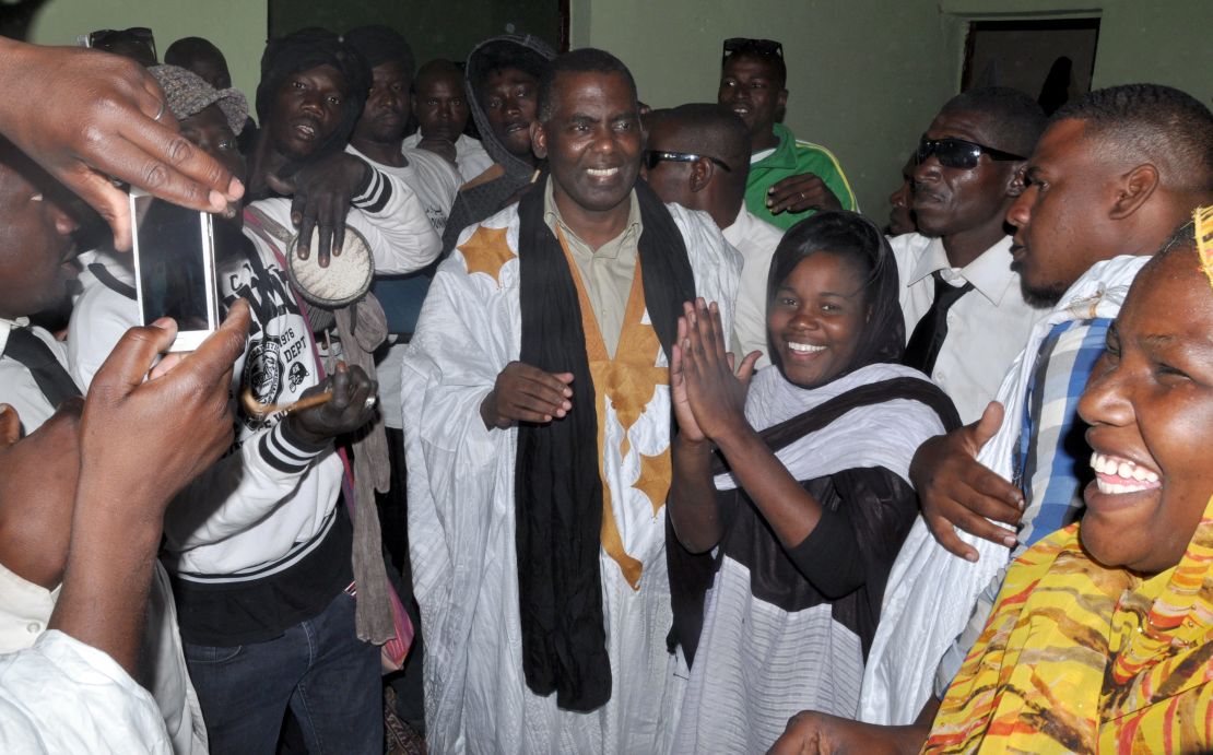 Abeid is welcomed by supporters as he leaves jail on May 17, 2016, after Mauritania's supreme court downgraded the crimes he was convicted of and ordered his release.