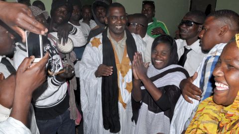 Abeid is welcomed by supporters as he leaves jail on May 17, 2016, after Mauritania's supreme court downgraded the crimes he was convicted of and ordered his release.