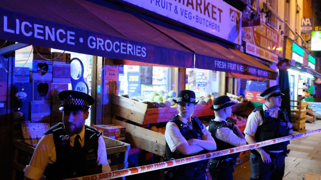 Police guard a street in Finsbury Park after the attack on Monday.