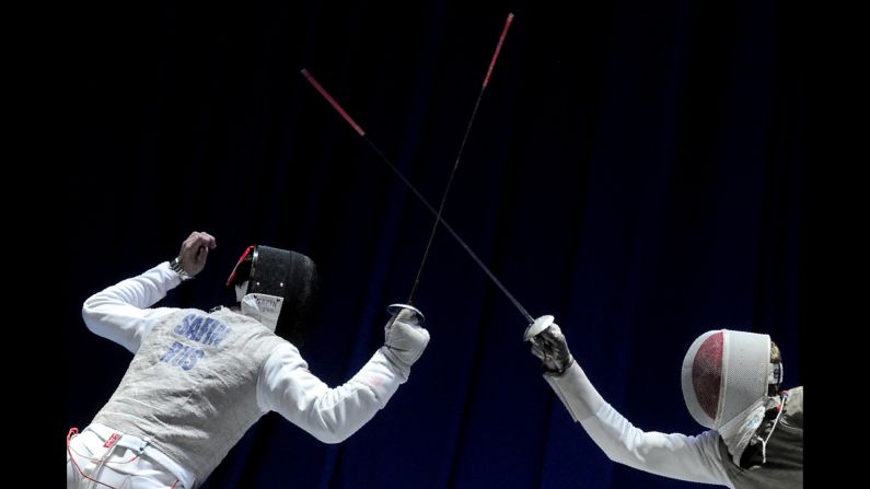Russia's Timur Safin competes against France's Erwann Le Pechoux at the European Fencing Championships on Wednesday, June 14. France won the team foil final.
