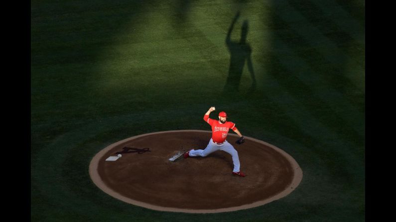 Matt Shoemaker delivers a pitch for the Los Angeles Angels during a home game against the New York Yankees on Wednesday, June 14.