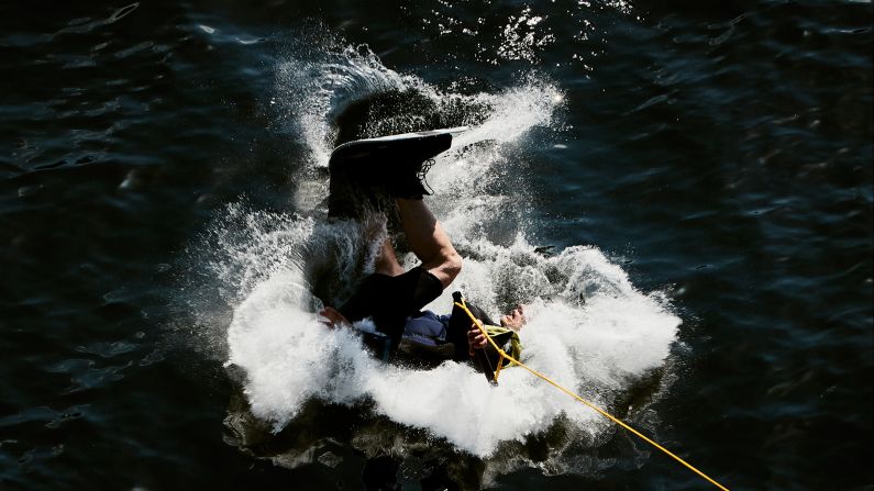 A wakeboarder crashes Saturday, June 17, during the Red Bull Cope'n'waken event in Copenhagen, Denmark.