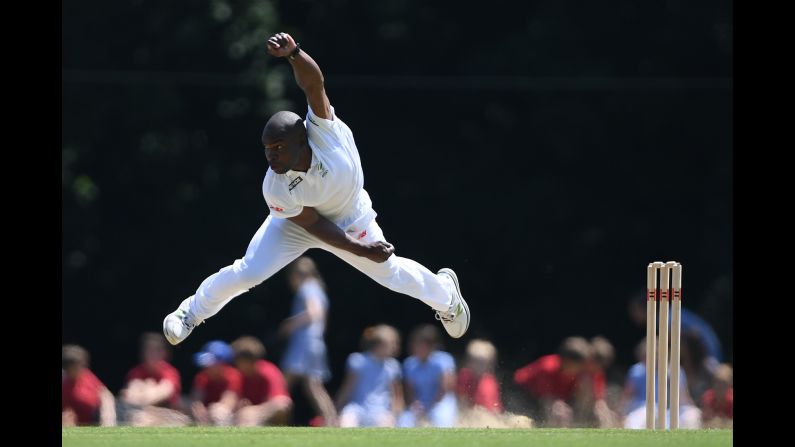 Junior Dala bowls the ball for South Africa's A team on Wednesday, June 14, during a match against the Sussex County Cricket Club in Arundel, England.