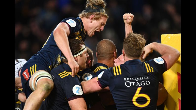 The Otago Highlanders celebrate their win over the British and Irish Lions after a rugby match in Dunedin, New Zealand, on Tuesday, June 13.