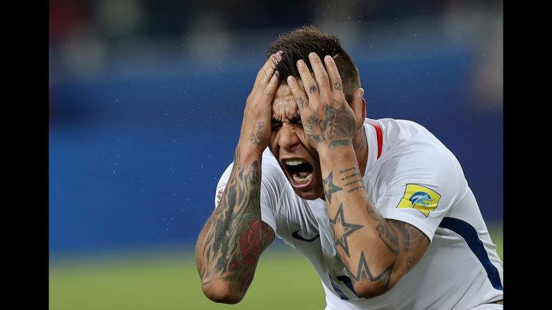 Chile's Eduardo Vargas reacts during a Confederations Cup match against Cameroon on Sunday, June 18. It wasn't all bad for Vargas, who scored a goal in the 2-0 victory.