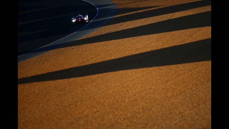 A car practices Wednesday, June 14, ahead of the 24 Hours of Le Mans in France.