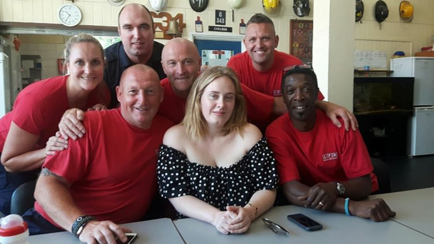 Adele called at Chelsea Fire Station to thank the firefighters of Red Watch -- and bring them cakes.