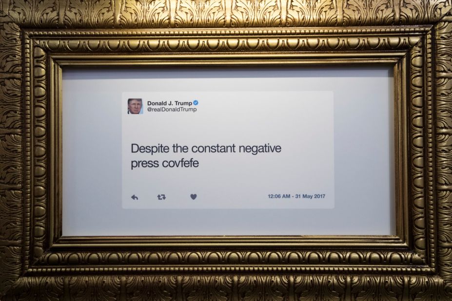 A tweet is displayed at the "Donald J. Trump Presidential Twitter Library."